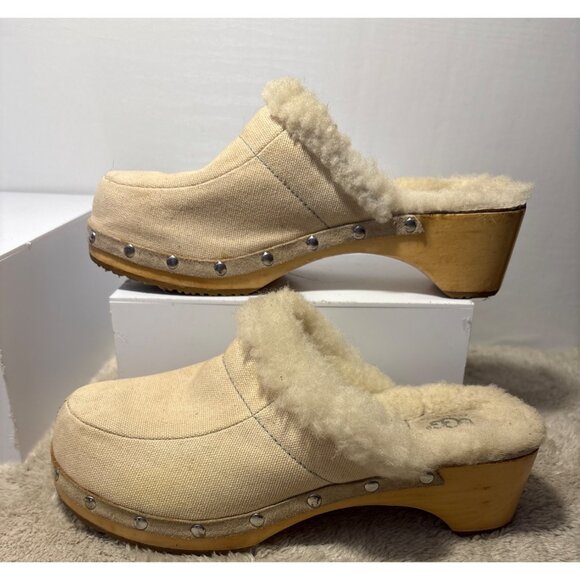 Ugg Clogs Beige Shearling Lined Canvas With Wood Sole Size 7 Womens Studded Mule - Picture 7 of 13